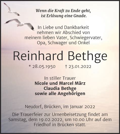 Traueranzeigen Von Reinhard Bethge Abschied Nehmen De