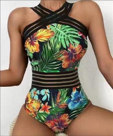 Lesimsam Women One Piece Bikini Fashion Butterfly Plant Print Backless