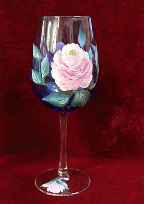 Hand Painted Wine Glasses Vintage Rose On Cobalt Blue Glass Set Of 2 Hand Painted Wine