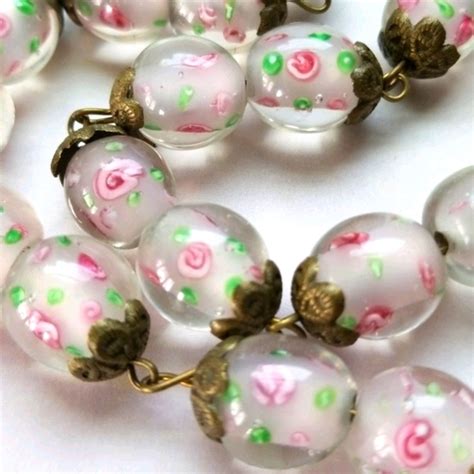 Vintage Jewelry Repurposed Vintage Rosebud Lampwork Bead Necklace