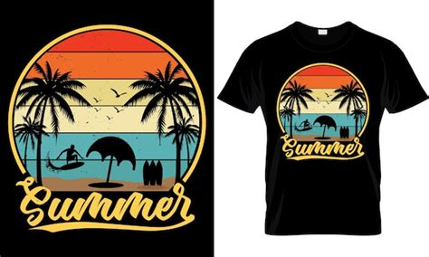 Summer T Shirt는 야자수 실루엣과 Summer Vibes 문구가 있는 고민된 벡터 티셔츠 디자인입니다 프리미엄 벡터