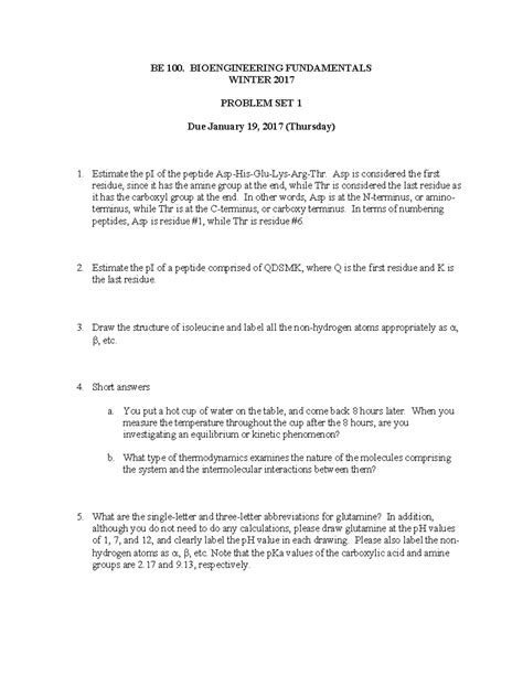 Problem Set Solutions Be Bioengineering Fundamentals Winter