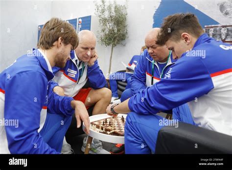 (L-R) Tennis player Tomas Machac, coach Daniel Vacek, physiotherapist Pavel Kovac and tennis ...