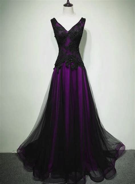 A-line Black and Purple Tulle V-neckline Beaded Prom Dress, Black Tulle