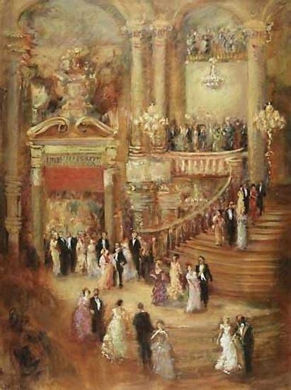 An Oil Painting Of People In Formal Dress Walking Up The Stairs To