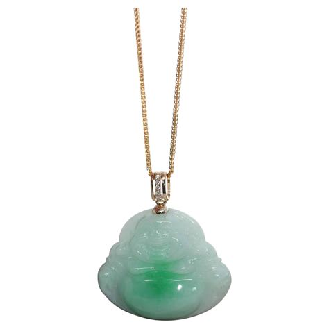 Laughing Buddha Green Jadeite Jade Necklace With 14k Yellow Gold