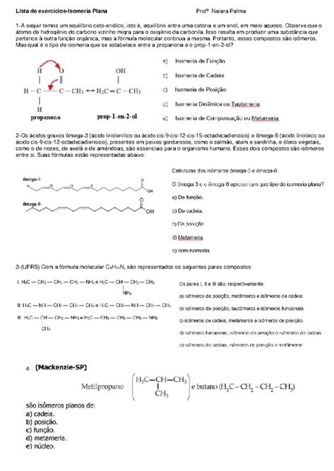 Exercicio Sobre Isomeria Plana - Lista de Exercícios sobre Isomeria Plana - Profª Naiara Palma - Studocu