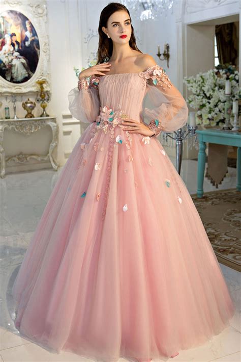 Pink Off Shoulder Tulle Long Prom Dress Sweet 16 Dress Dresstby