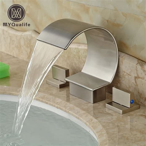 Curved Waterfall Spout Bathroom Basin Mixer Taps Deck Mount Brushed Nickel Hot Cold Water Faucet