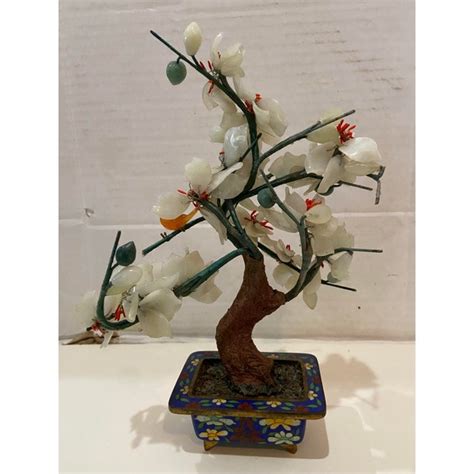 Antique Chinese Jade Glass Stone Bonzai Tree In Cloisonné Planter