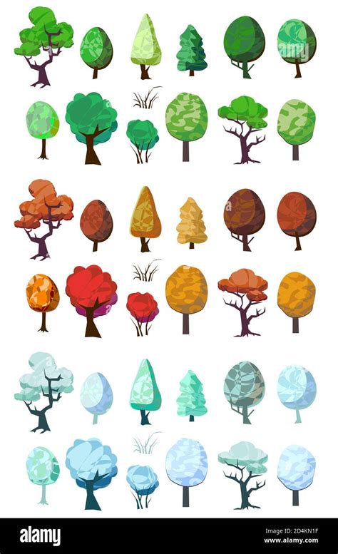 Set Of Trees Vector Winter Summer And Autumn Trees In Cartoons Flat