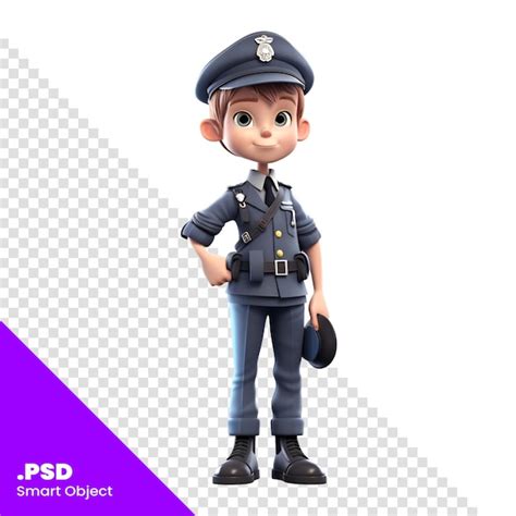 Renderização 3d de um menino traje de policial em fundo branco