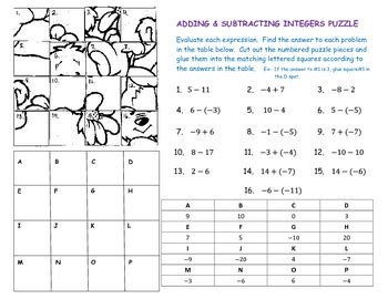 Adding Subtracting Integers Puzzle By Laura Becker Tpt