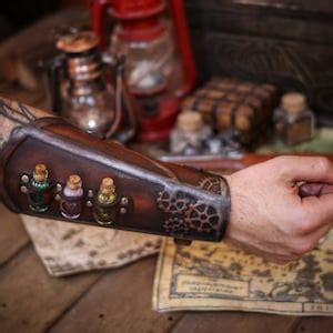 Steampunk Potion Leather Bracer Embossed Vambrace With 3 Bottle Potions