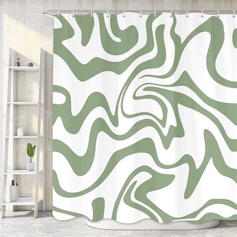 Boho Sage Green Shower Curtain Cute Aesthetic S Abstract Wavy Swirl