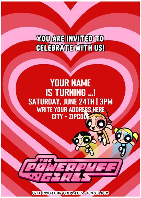 Free Editable PDF Expanding Pink Heart Powerpuff Girls Birthday