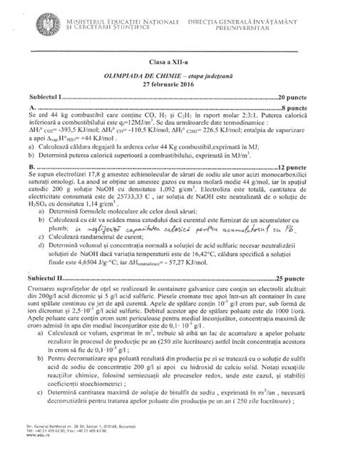 PDF Subiecte Si Bareme Olimpiada Judeteana De Chimie 2016 Clasa A