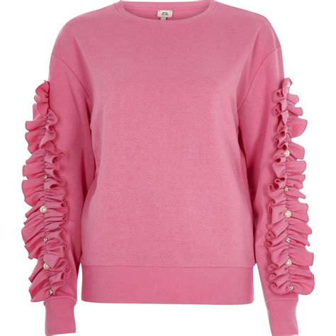 River Island Cotton Pink Long Ruffle Sleeve Sweatshirt Lyst