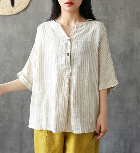 Stripes Summer Women Casual Blouse Cotton Linen Shirts Women Tops DZA2 – SimpleLinenLife