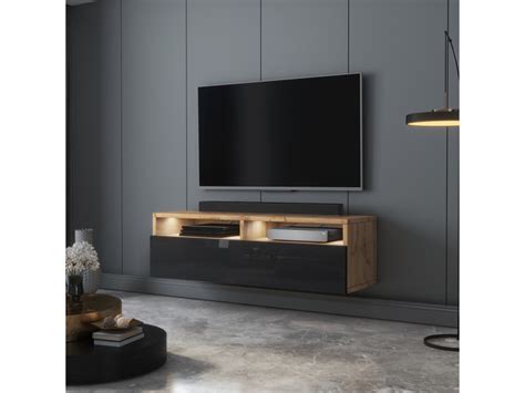 Meuble tv rednaw 100 cm chêne wotan noir brillant avec led