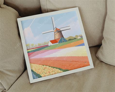 Watercolor Dutch Windmill And Tulip Fields Digital Painting Pastel