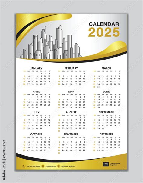 Wall calendar 2025 template, calendar 2025 design, gold wave background ...