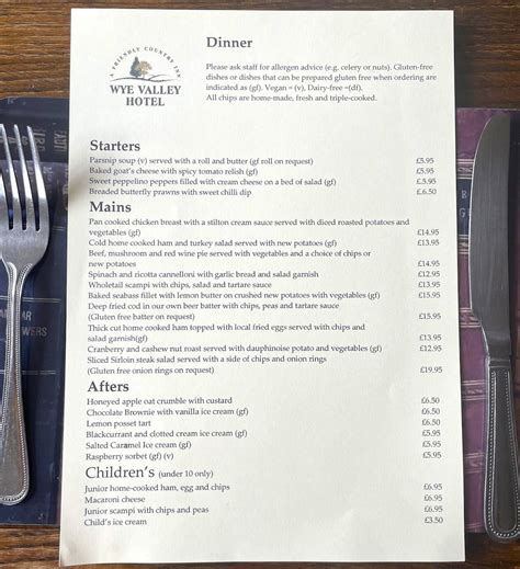 Menu At The Wye Valley Hotel Pub And Bar Tintern