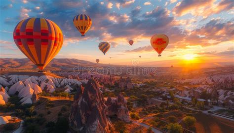 A Group Of Hot Air Balloons Are Flying Over A Beautiful Landscape Stock Image Image Of Nature