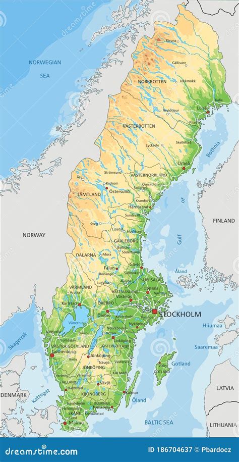 High Detailed Sweden Physical Map With Labeling. Cartoon Vector ...