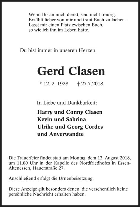 Traueranzeigen Von Gerd Clasen Trauer In Nrw De