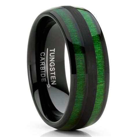 Metal Masters Mens Tungsten Carbide Ring Dome Green Jade Wood Inlay Wedding Band Black 8mm