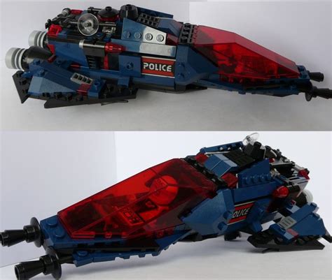 Two Pictures Of A Lego Police Car With Red And Blue Lights On The Front And Side By Side