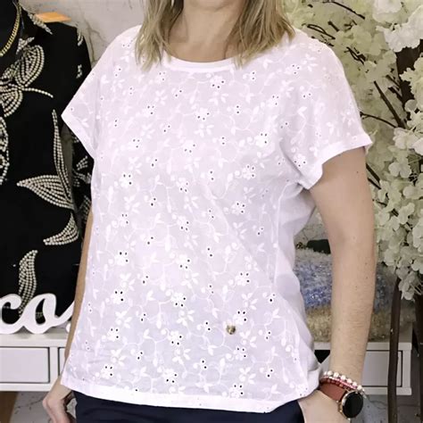 Camisola Bordada C Flores Branca Picosa