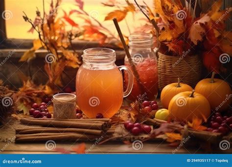 Cozy Autumn Still Life With Pumpkins Drinks Stock Illustration