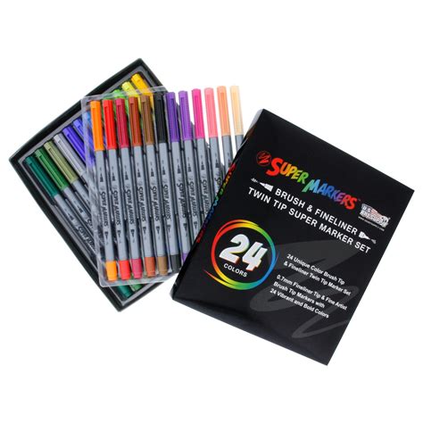 24 Color Brush Tip & Fineliner Twin Tip Marker Set 0.7mm Fineliner Tip ...