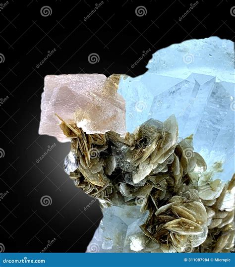 Very Beautiful Aquamarine Var Beryl With Fluorite And Muscovite Mineral