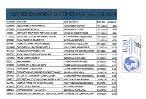 Examination Timetable For January February 2024 Supplementary