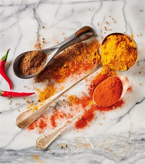 Spoons filled with turmeric, garam masala and Kashmiri chili powder ...