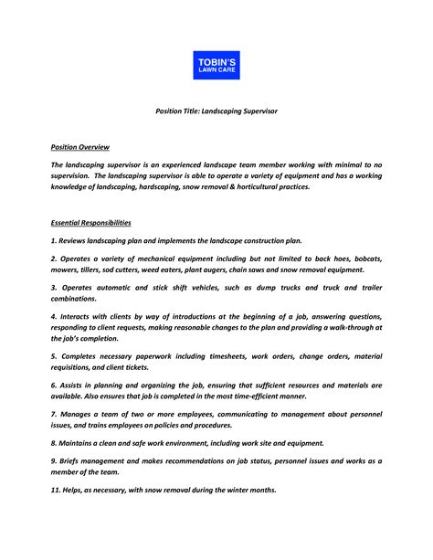 Landscaping Supervisor Job Description | Templates at
