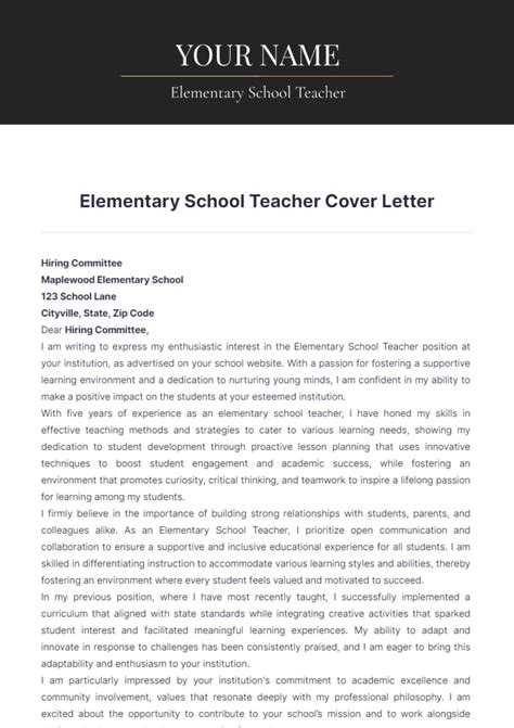 Free Elementary School Teacher Cover Letter Template Edit Online And Download