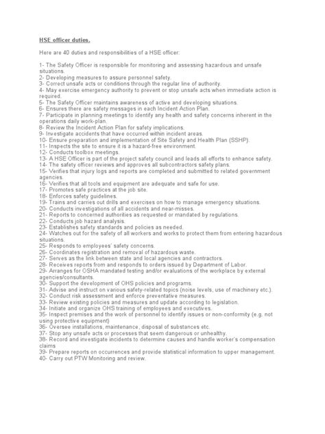 Hse Roles And Responsibilities Pdf Occupational Safety And Health Safety