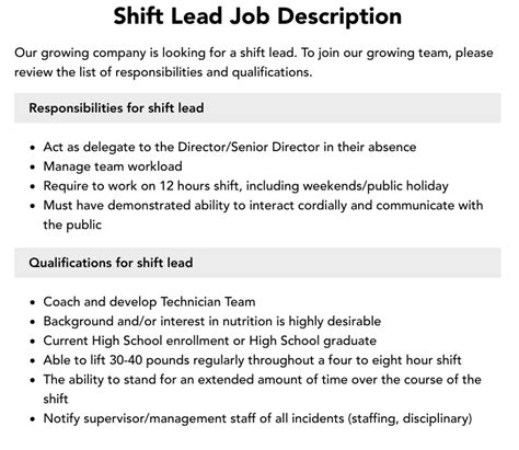 Shift Lead Job Description Velvet Jobs