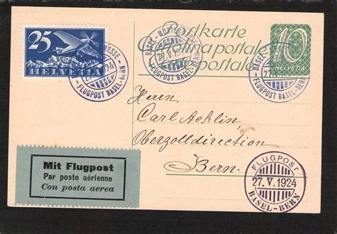 GS 10 Rp Flugpost Stempel Blau Basel Bern 27 V 1924 Kaufen Auf