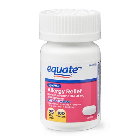 Equate Dye-Free Allergy Relief Medicine, 25 mg, 100ct Tablets - Walmart.com