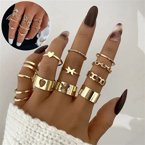 Bohemian Gold Color Heart Rings Set For Women Vintage Geometric Cross