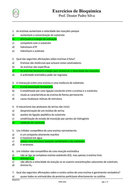 BQ perguntas 23 Exercícios de Bioquimica Prof Doutor Pedro Silva 1