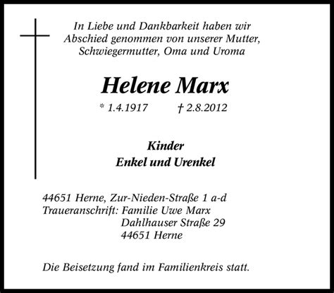 Traueranzeigen Von Helene Marx Trauer In Nrw De