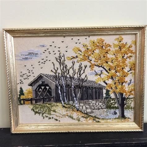 Vintage Handmade Crewel Embroidery Autumn Scene Of Covered Etsy