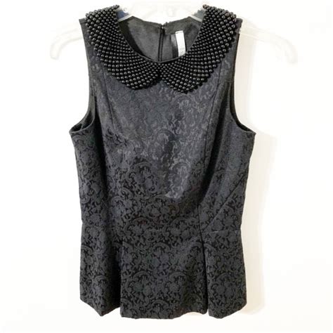 Kensie Tops Kensie Sleeveless Brocade Peplum Top Beaded Peter Pan