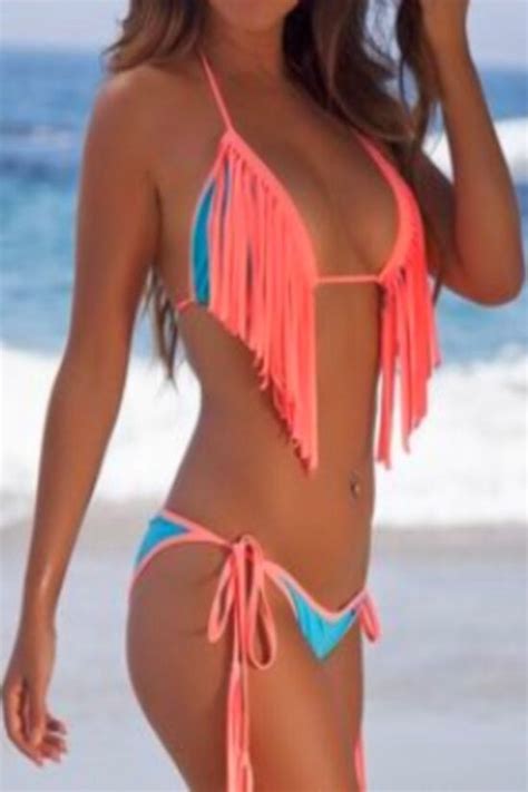 Tassel Bikini Fringe Padded Scrunch Back Bottom Single Rise Swimsuit